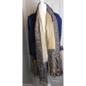 Cashmere Wrap Handmade Afghanistan Paisley Navy Cream Fringe